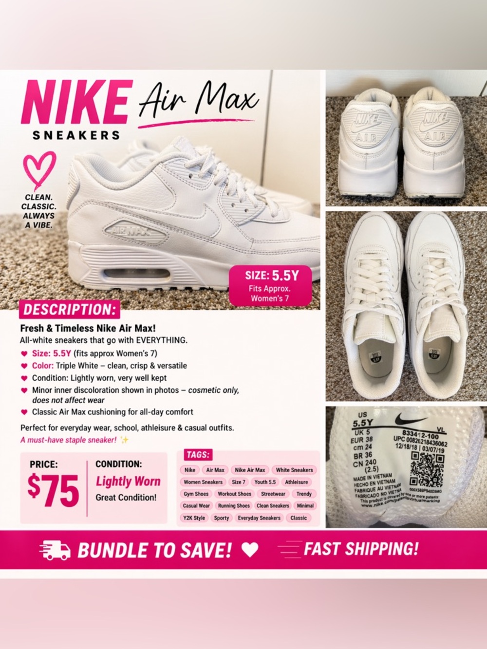 Nike Air Max Triple White Sneakers Women’s Size 7 Clean Classic